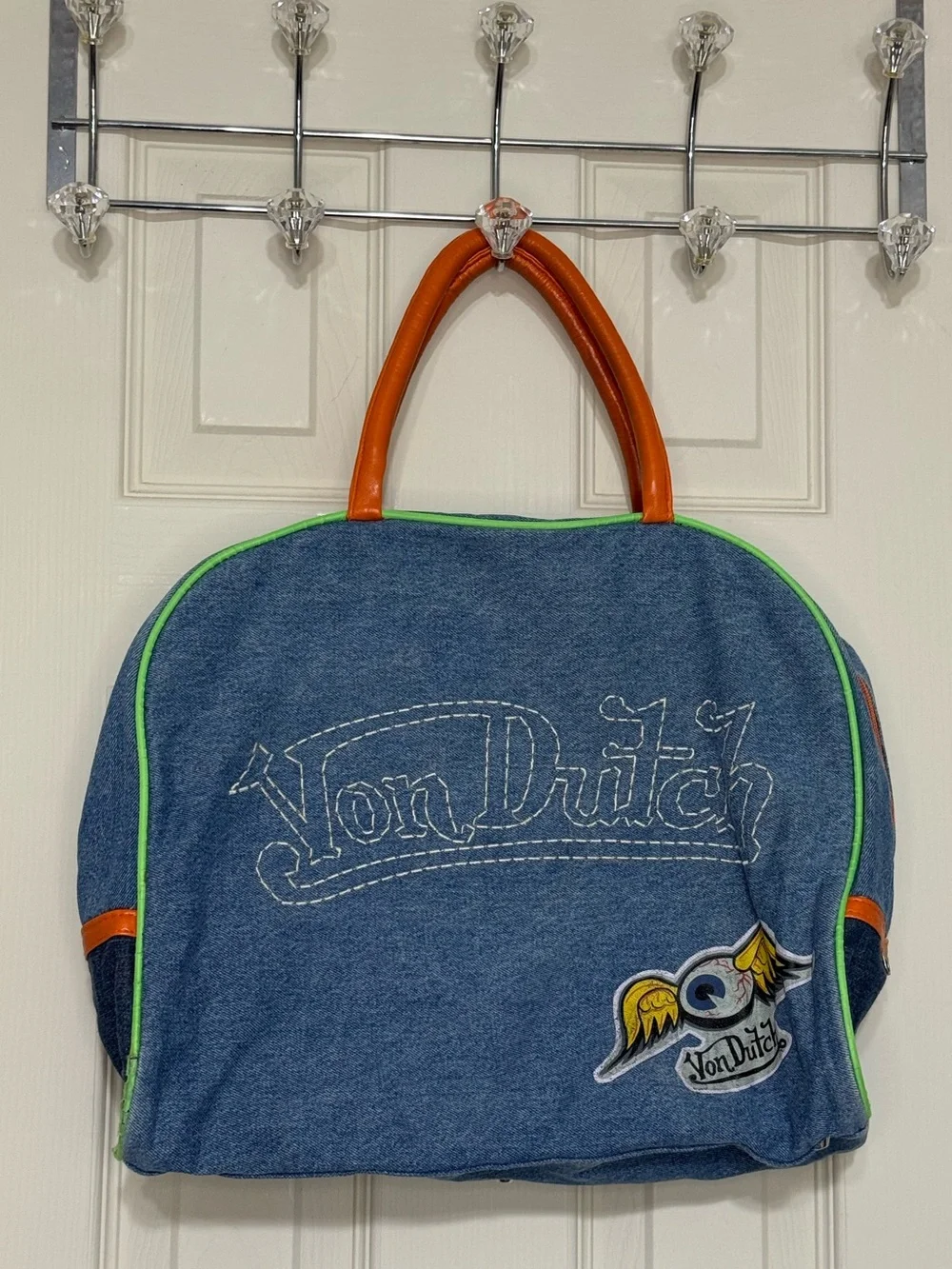 Vintage Y2K Von Dutch Denim Patchwork Bag with Orange Handles and Lime Trim